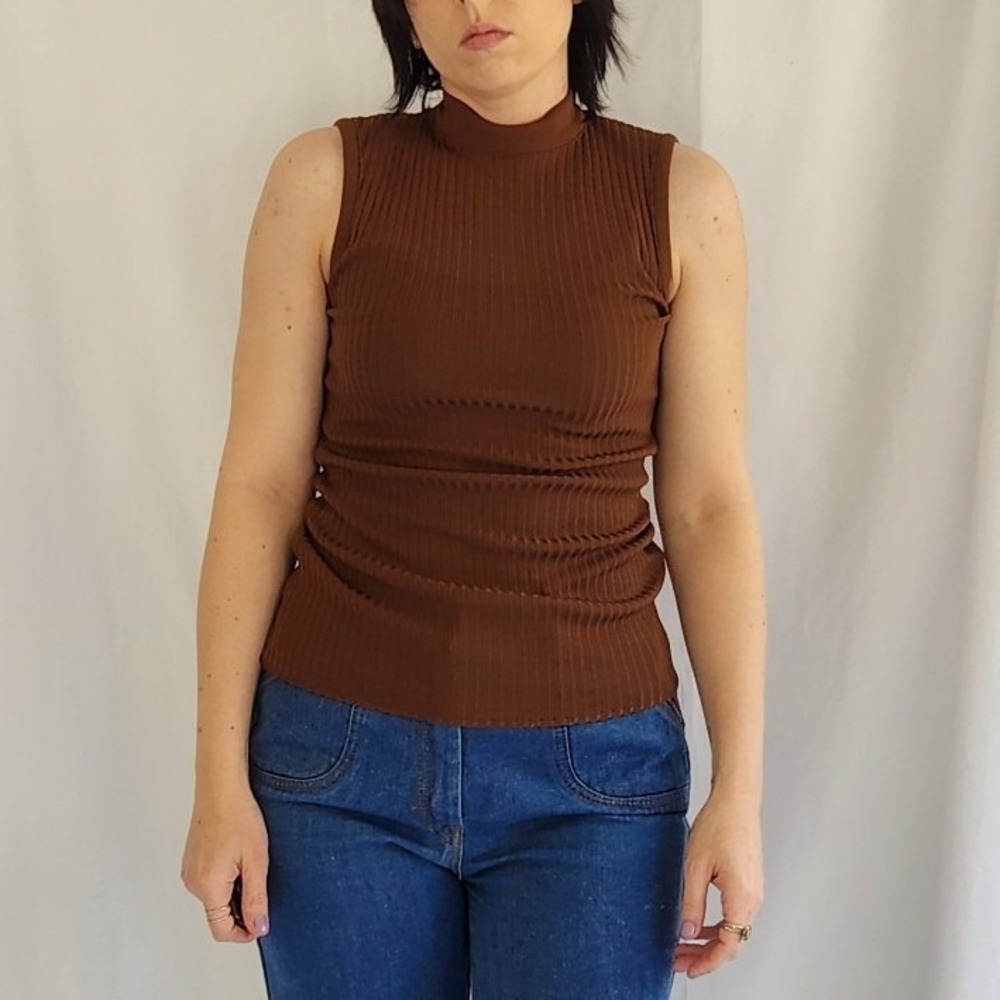 70s Brown Sleeveless Ribbed Mock Turtleneck Shirt